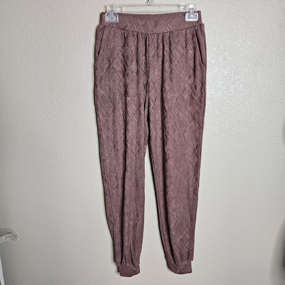 NWT Umgee Small Mocha Brown Diamond Textured Knit Jogger Pants Pockets